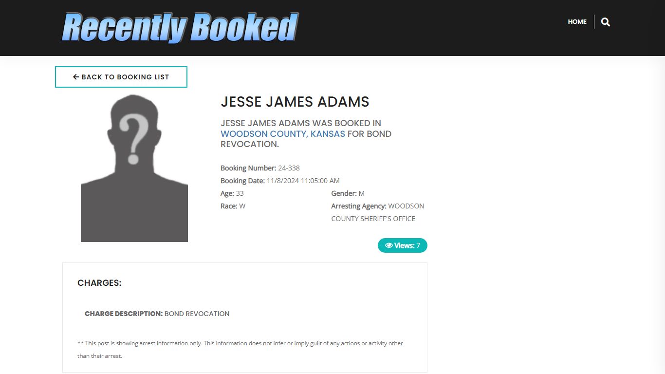 Recent Booking / Mugshot for JESSE JAMES ADAMS in Woodson County, Kansas